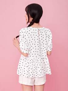 SHEIN VCAY 心形圖案泡泡袖荷葉邊下擺上衣 - 白色 - 查看 2