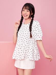 SHEIN VCAY 心形圖案泡泡袖荷葉邊下擺上衣 - 白色 - 查看 3