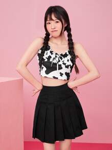 Muchica Cow Print Ruched Bust Frill Trim Top - Black and White - View 3