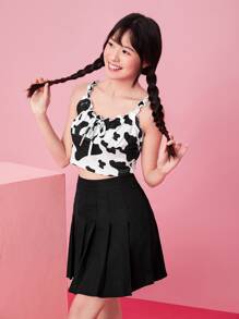 Muchica Cow Print Ruched Bust Frill Trim Top - Black and White - View 4