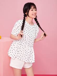 SHEIN VCAY 心形圖案泡泡袖荷葉邊下擺上衣 - 白色 - 查看 4