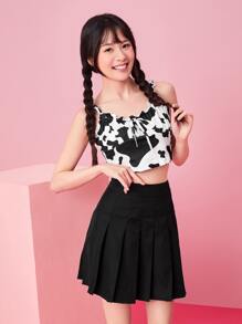 Muchica Cow Print Ruched Bust Frill Trim Top - Black and White - View 5