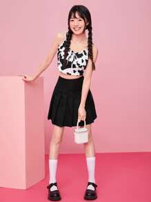 Muchica Cow Print Ruched Bust Frill Trim Top - Black and White - View 6