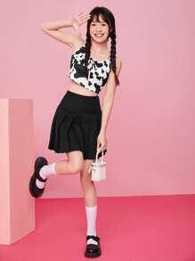 Muchica Cow Print Ruched Bust Frill Trim Top - Black and White - View 7