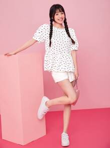 SHEIN VCAY 心形圖案泡泡袖荷葉邊下擺上衣 - 白色 - 查看 6