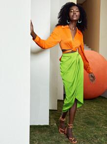 SHEIN Privé Neon Lime Wrap Detail Skirt - Lime Green - View 1