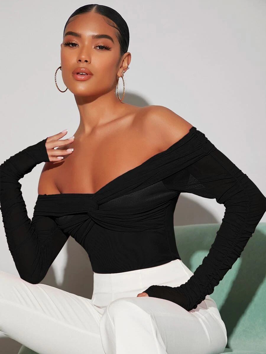 SHEIN BAE Twist Front Off Shoulder Mesh Bodysuit - Black - View 1