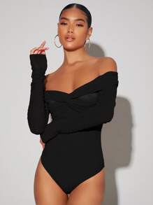 SHEIN BAE Twist Front Off Shoulder Mesh Bodysuit - Black - View 3