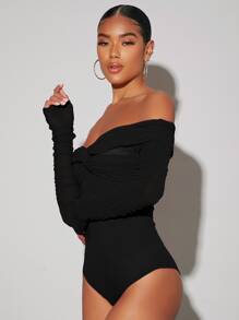 SHEIN BAE Twist Front Off Shoulder Mesh Bodysuit - Black - View 4