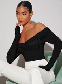 SHEIN BAE Twist Front Off Shoulder Mesh Bodysuit - Black - View 5