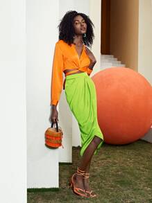 SHEIN Privé Neon Lime Wrap Detail Skirt - Lime Green - View 5