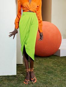 SHEIN Privé Neon Lime Wrap Detail Skirt - Lime Green - View 6