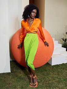 SHEIN Privé Neon Lime Wrap Detail Skirt - Lime Green - View 7