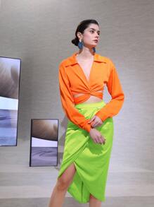 SHEIN Privé Neon Lime Wrap Detail Skirt - Lime Green - View 9