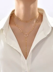 金屬戒指裝飾Y字項鍊 - 金黃色 - 查看 1