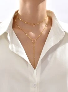 金屬戒指裝飾Y字項鍊 - 金黃色 - 查看 4