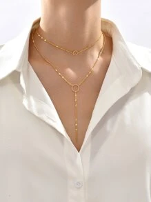 金屬戒指裝飾Y字項鍊 - 金黃色 - 查看 5