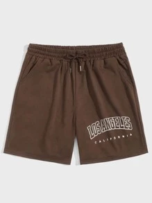 ROMWE MEN Prep Quần Short Nam Dây kéo Túi Thắt nơ trước Lá thư Giải trí - Cà phê nâu - Xem 1