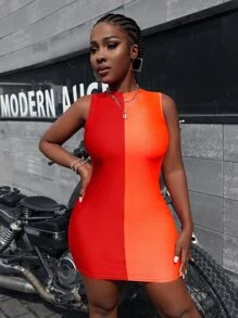 Two Tone Lace Up Back Bodycon Dress - Multicolor - View 2