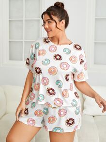 Conjunto de pijama blanco con estampado de rosquillas talla grande - Blanco - Ver 4