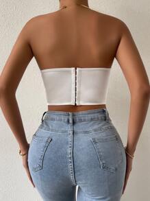 SHEIN Privé 側邊綁帶鉤眼扣弧形下擺抹胸上衣 - 白色 - 查看 3