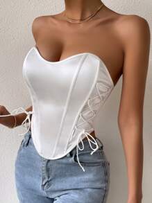 SHEIN Privé 側邊綁帶鉤眼扣弧形下擺抹胸上衣 - 白色 - 查看 4