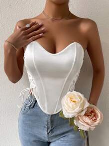 SHEIN Privé 側邊綁帶鉤眼扣弧形下擺抹胸上衣 - 白色 - 查看 6