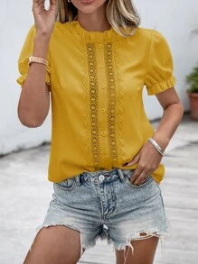 SHEIN VCAY Contrast Guipure Lace Frilled Blouse - Yellow - View 1