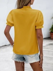 SHEIN VCAY Contrast Guipure Lace Frilled Blouse - Yellow - View 2