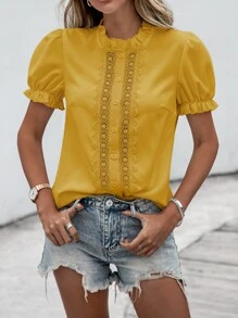 SHEIN VCAY Contrast Guipure Lace Frilled Blouse - Yellow - View 6