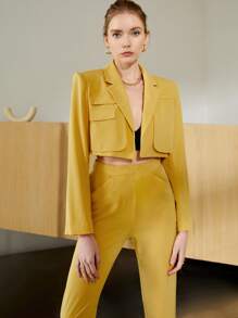 SHEIN Blazer corto con diseño de solapa con parte delantera abierta - Mostaza Amarilla - Ver 7