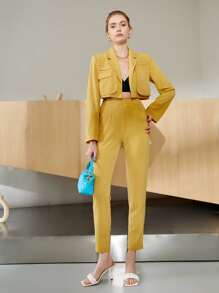 SHEIN Blazer corto con diseño de solapa con parte delantera abierta - Mostaza Amarilla - Ver 3