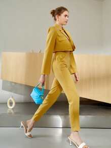 SHEIN Blazer corto con diseño de solapa con parte delantera abierta - Mostaza Amarilla - Ver 4