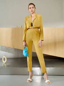 SHEIN Blazer corto con diseño de solapa con parte delantera abierta - Mostaza Amarilla - Ver 5