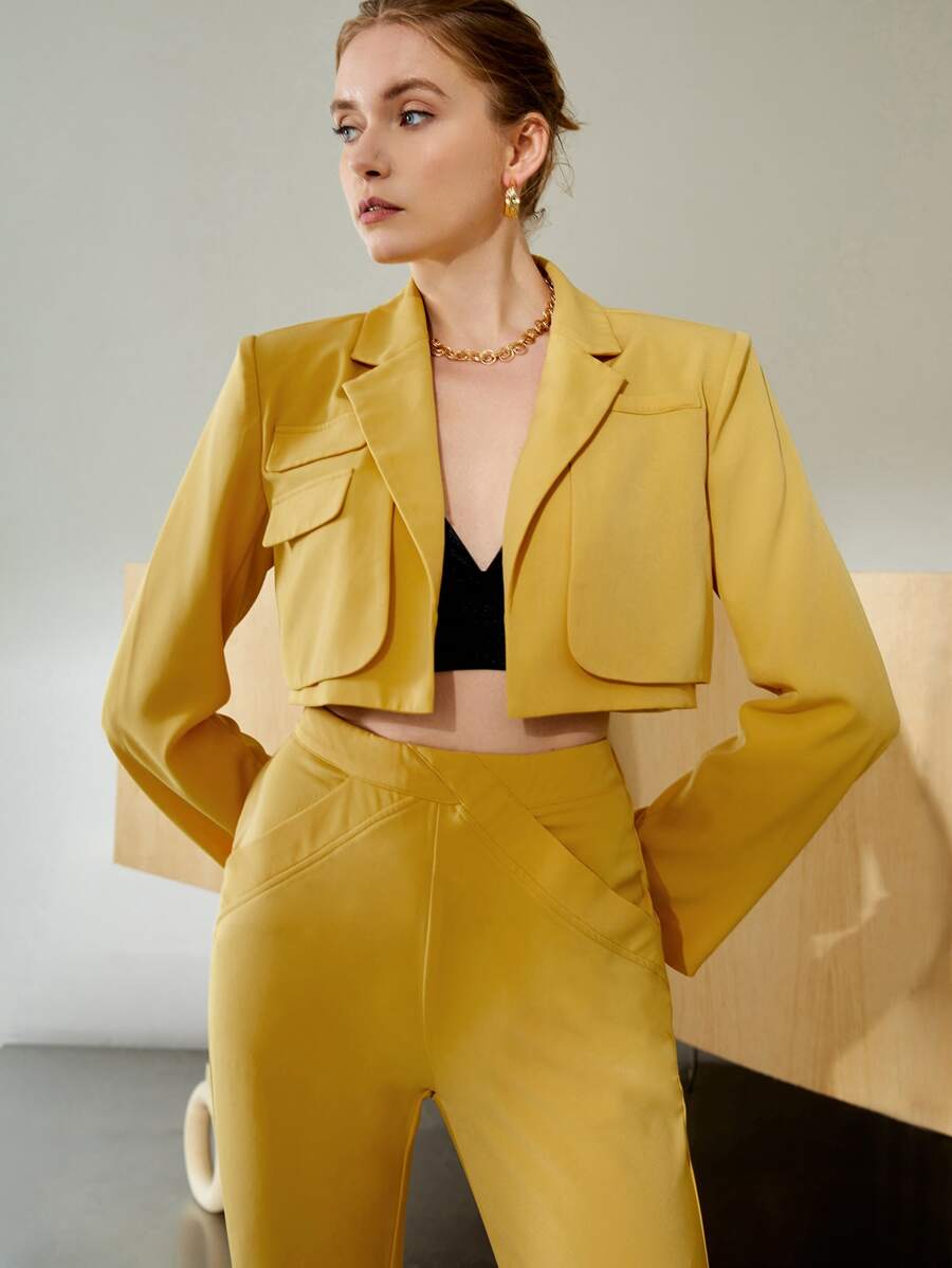 SHEIN Blazer corto con diseño de solapa con parte delantera abierta - Mostaza Amarilla - Ver 1