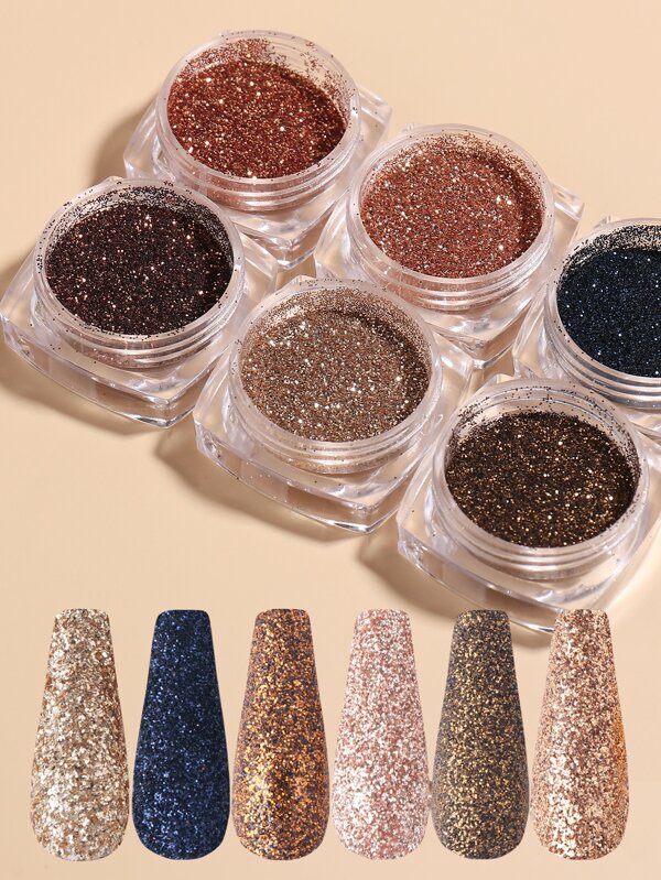 FULL BEAUTY 6pcs Gold Brown Nail Powder Glitter Pigment  Holographic Shining Nail Art Sequins Flakes Dust DIY Manicure Decorations