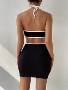 Vestido ajustado con abertura unido en contraste de espalda abierta con cordón halter - Negro - Ver 2