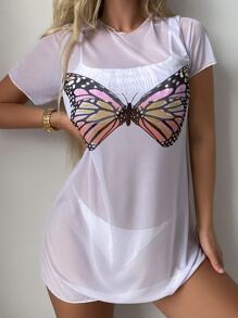 SHEIN Swim Summer Beach Butterfly Print Cover Up Dress Without Bikini Set - White - View 3