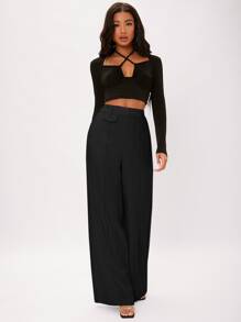 SHEIN Tall Seam Front Wide Leg Trousers - Black - View 6
