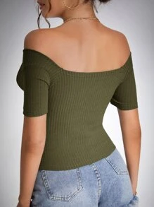 SHEIN Tall Camiseta unicolor de hombros descubiertos tejida de canalé - Verde militar - Ver 2