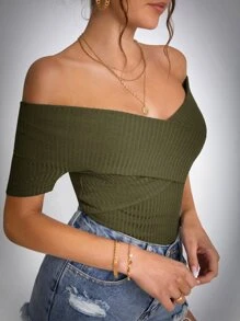 SHEIN Tall Camiseta unicolor de hombros descubiertos tejida de canalé - Verde militar - Ver 4