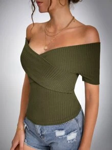 SHEIN Tall Camiseta unicolor de hombros descubiertos tejida de canalé - Verde militar - Ver 5