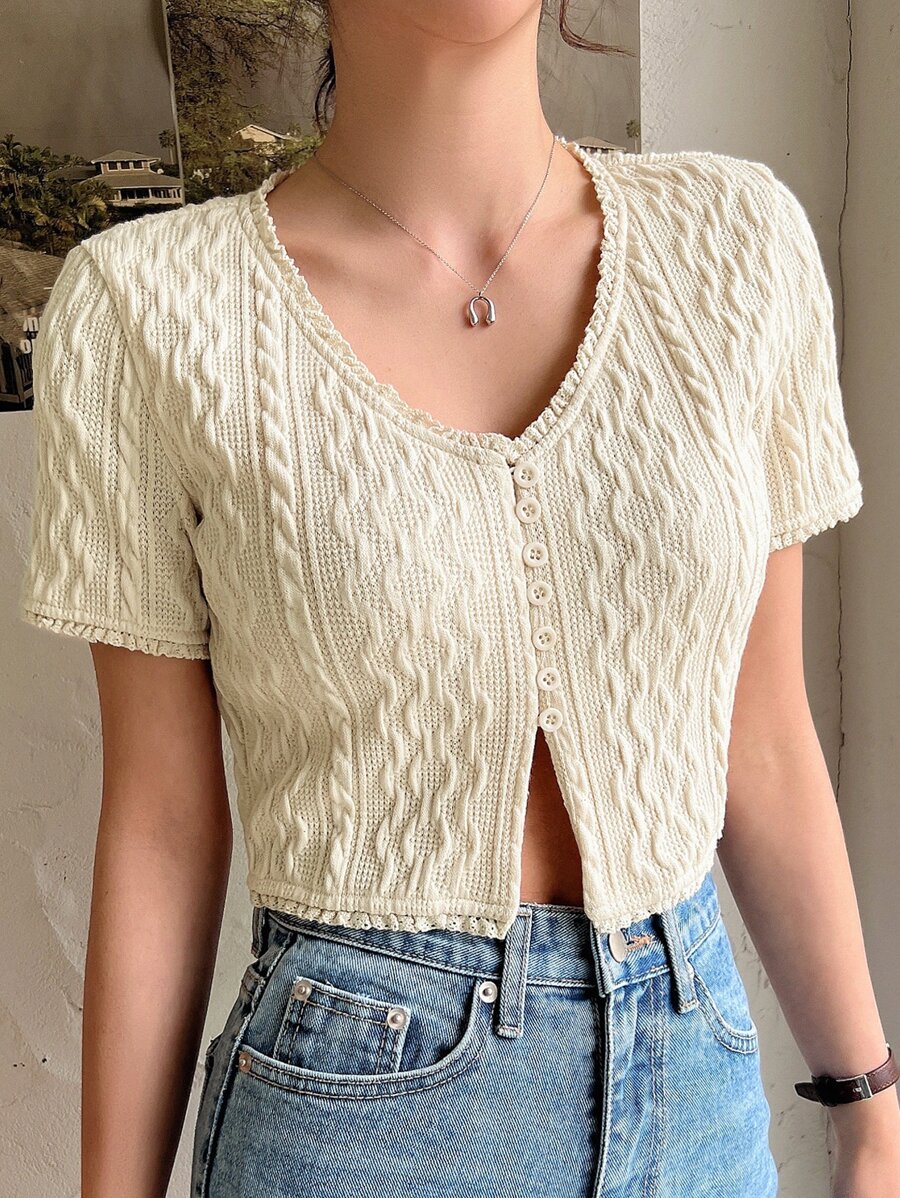 DAZY 前扣蕾丝花边麻花针织 T 恤，外出上衣，女式短款上衣 - 杏色 - 查看 1