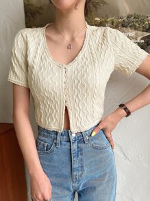 DAZY 前扣蕾丝花边麻花针织 T 恤，外出上衣，女式短款上衣 - 杏色 - 查看 2