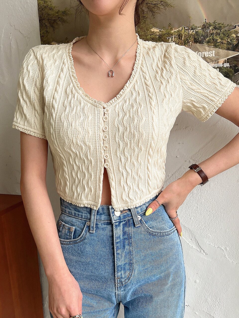 Button Front Lace Trim Cable Knit Tee Going Out Tops,Crop Tops Women