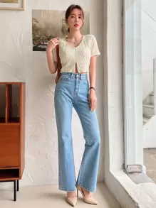 DAZY 前扣蕾丝花边麻花针织 T 恤，外出上衣，女式短款上衣 - 杏色 - 查看 3