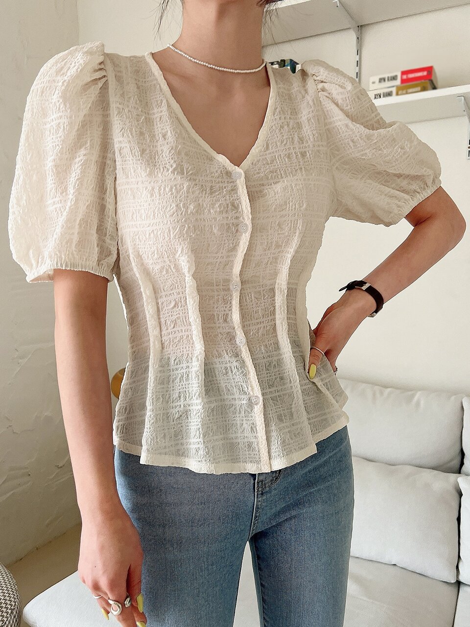 Solid Textured Button Front Puff Sleeve Blouse Without Bra