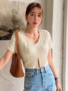DAZY 前扣蕾丝花边麻花针织 T 恤，外出上衣，女式短款上衣 - 杏色 - 查看 4