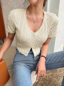 DAZY 前扣蕾丝花边麻花针织 T 恤，外出上衣，女式短款上衣 - 杏色 - 查看 8