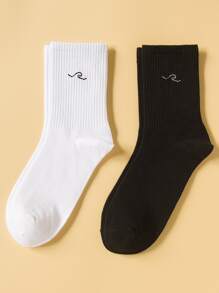 2 pares Calcetines de tripulación con estampado de onda - Blanco y Negro - Ver 1